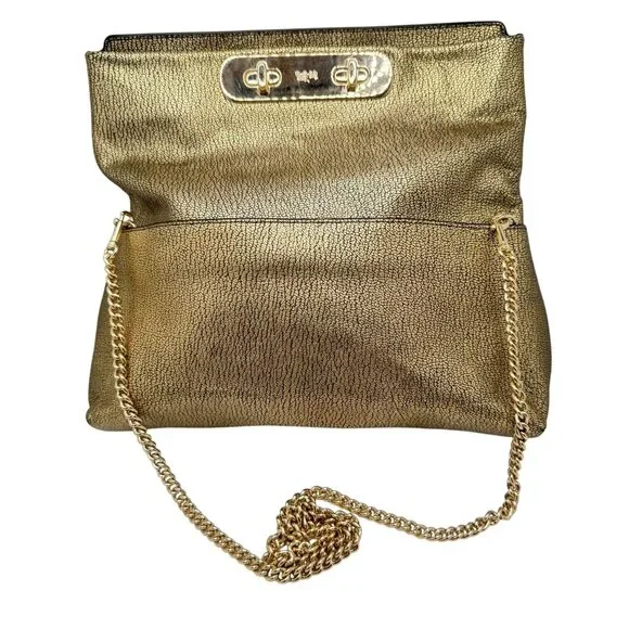 Coach Metallic Gold Pebble Leather Swagger Clutch Crossbody Chain Strap Turnlock - Picture 2 of 16